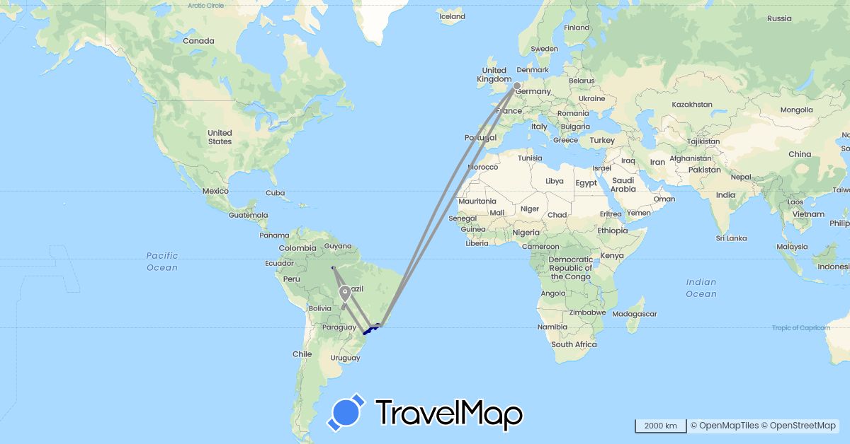 TravelMap itinerary: driving, plane, hiking, boat in Brazil, Netherlands (Europe, South America)